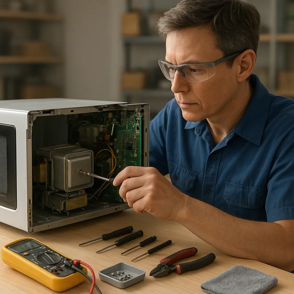 Techniker repariert Mikrowelle auf Werkbank