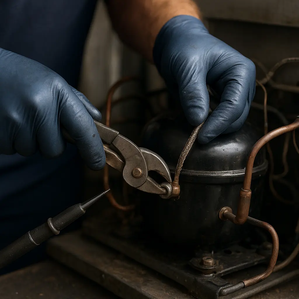 Reparatur am Kompressorbereich eines Kühlschranks